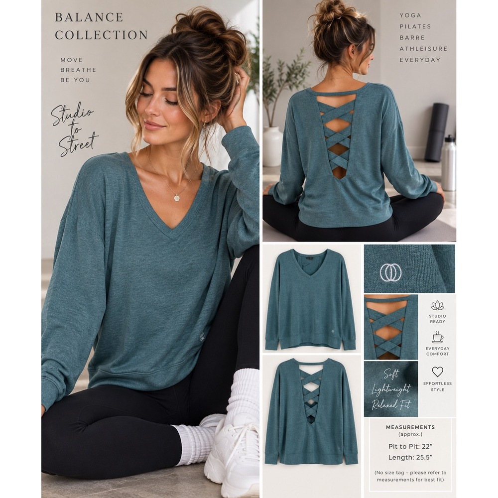 Balance Collection Teal Open Back Sweatshirt Criss Cross Yoga Pilates Athleisure